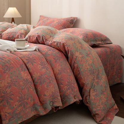 Set di biancheria da letto reversibile in cotone con bottoni floreali jacquard (4 pezzi)