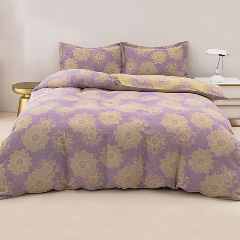 Set di biancheria da letto reversibile in garza di cotone con motivo floreale jacquard (4 pezzi)