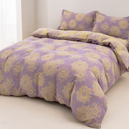 Set di biancheria da letto reversibile in garza di cotone con motivo floreale jacquard (4 pezzi)