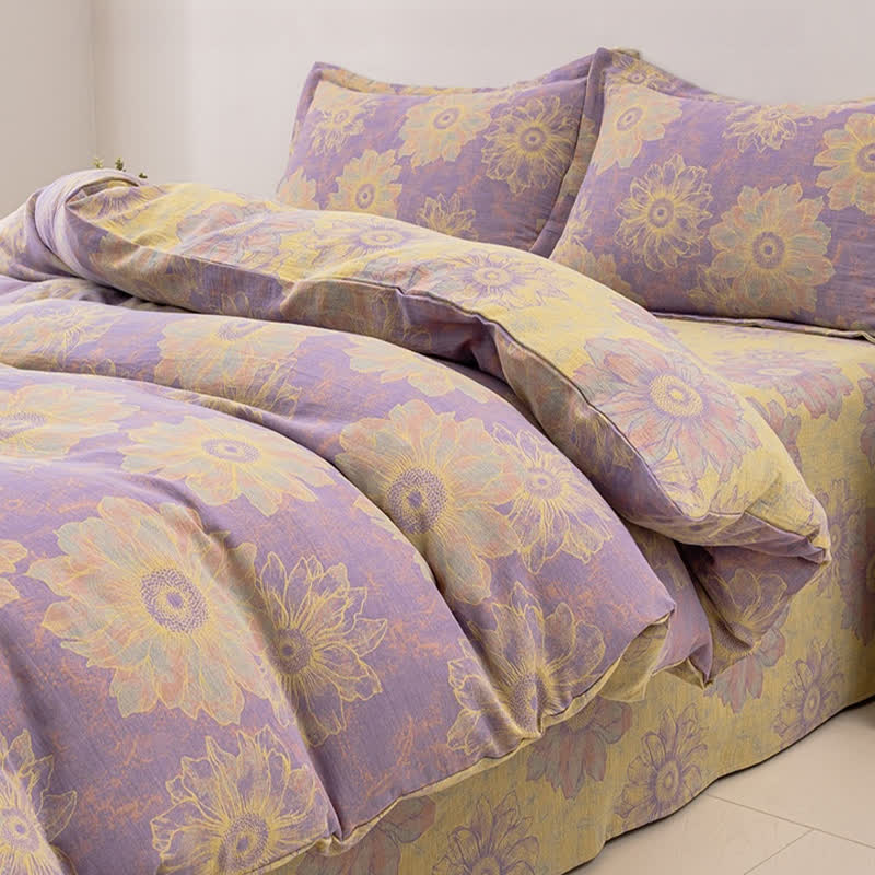 Set di biancheria da letto reversibile in garza di cotone con motivo floreale jacquard (4 pezzi)
