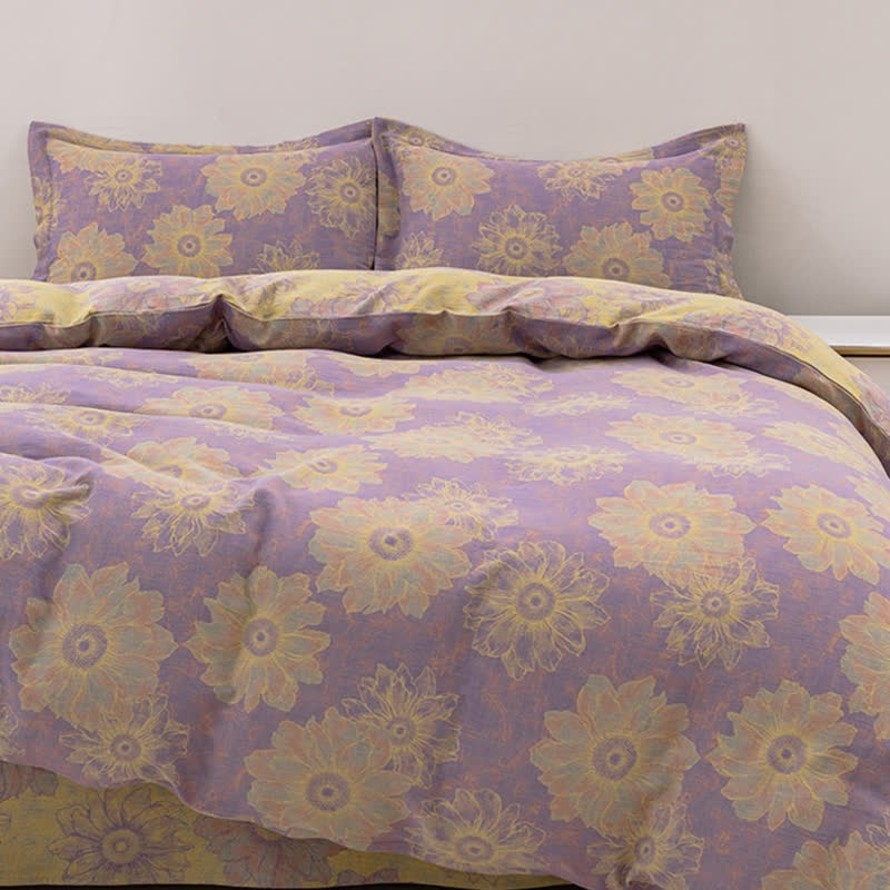 Set di biancheria da letto reversibile in garza di cotone con motivo floreale jacquard (4 pezzi)