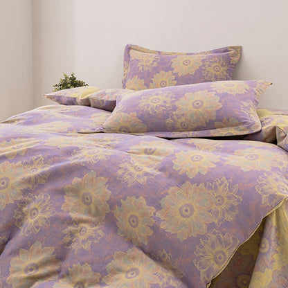 Set di biancheria da letto reversibile in garza di cotone con motivo floreale jacquard (4 pezzi)