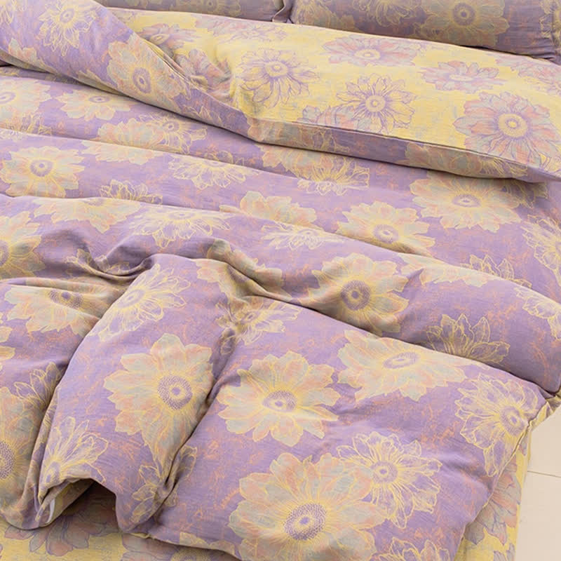 Set di biancheria da letto reversibile in garza di cotone con motivo floreale jacquard (4 pezzi)