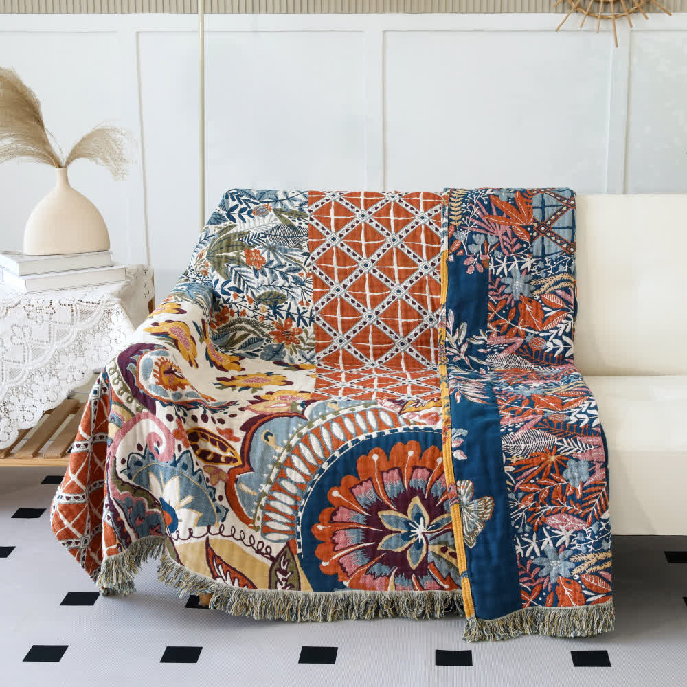 Coperta reversibile in garza di cotone con motivo floreale in stile etnico