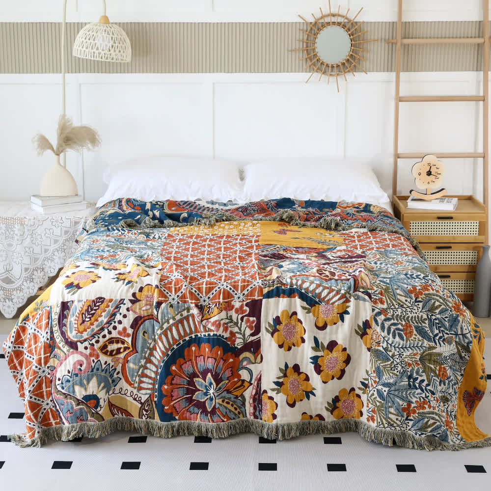 Coperta reversibile in garza di cotone con motivo floreale in stile etnico