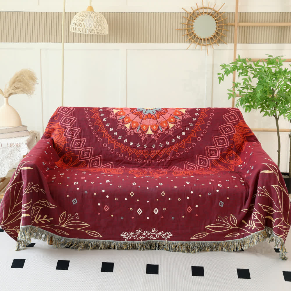 Coperta reversibile in garza di cotone rosso etnico