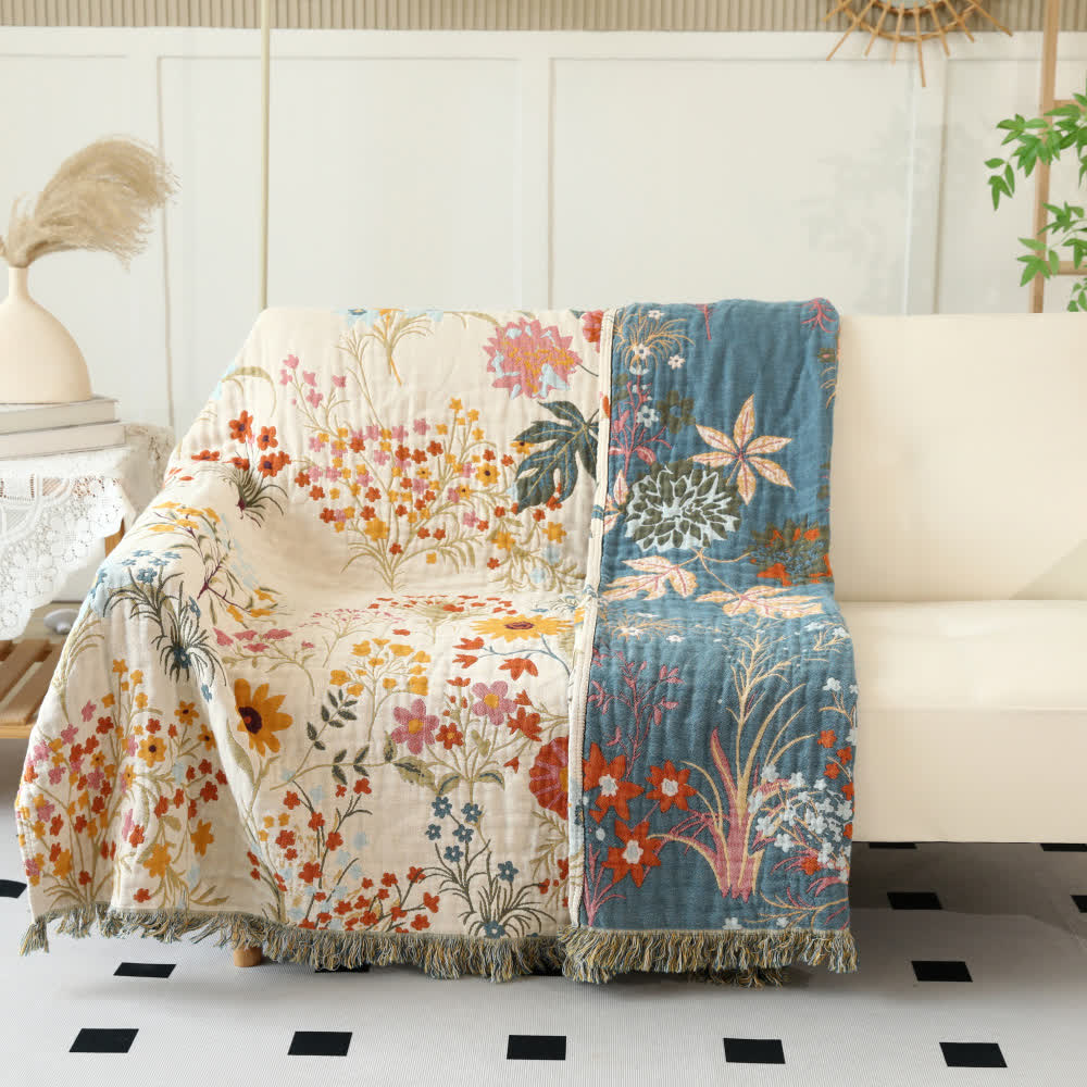 Coperta reversibile in garza di cotone con motivo floreale rurale