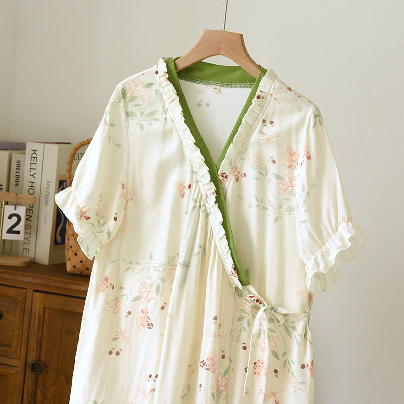 Camicia da notte a maniche corte con motivo floreale incrociato sul davanti