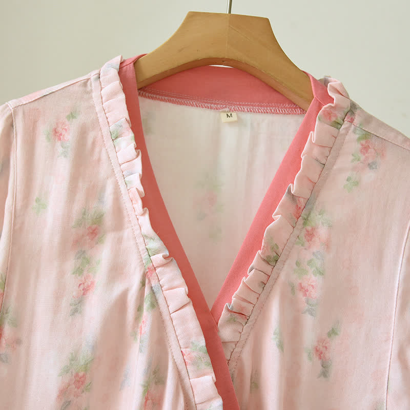 Camicia da notte a maniche corte con stampa floreale rosa incrociata sul davanti
