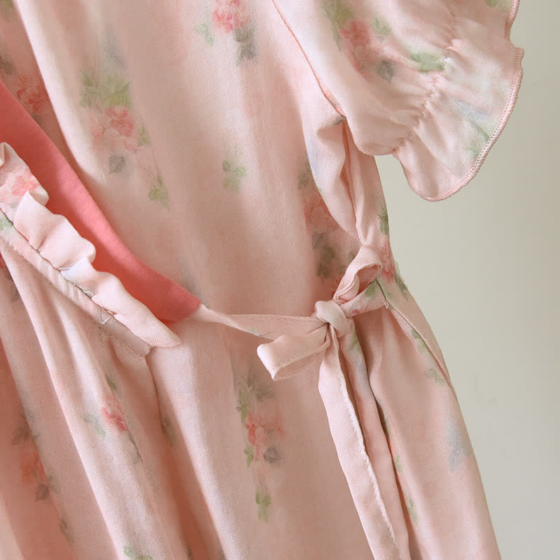 Camicia da notte a maniche corte con stampa floreale rosa incrociata sul davanti