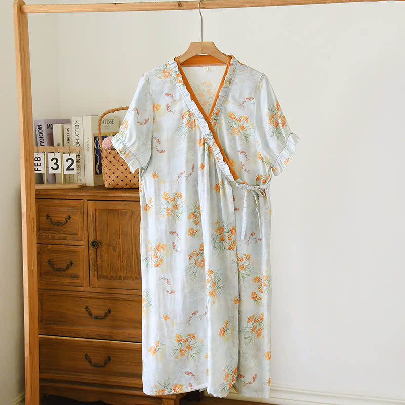 Camicia da notte a maniche corte in stile pastorale incrociata sul davanti