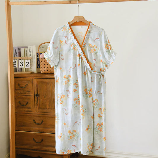 Camicia da notte a maniche corte in stile pastorale incrociata sul davanti