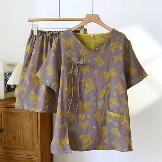 Pigiama vintage con scollo a V in garza di cotone a farfalla