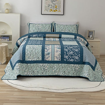Trapunta patchwork in cotone con stampa botanica a quadri