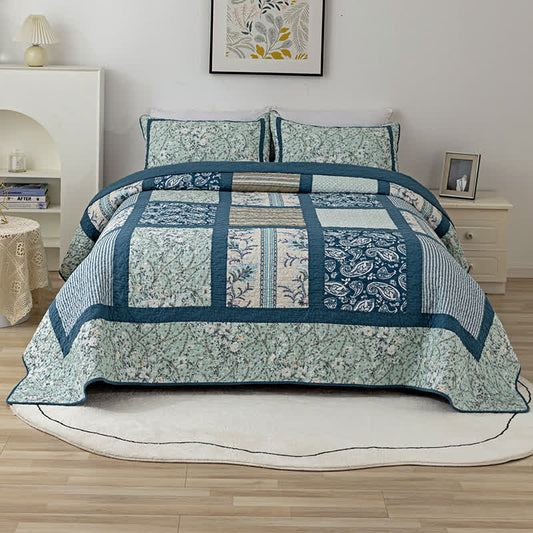 Trapunta patchwork in cotone con stampa botanica a quadri