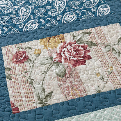 Trapunta patchwork in cotone con stampa botanica a quadri