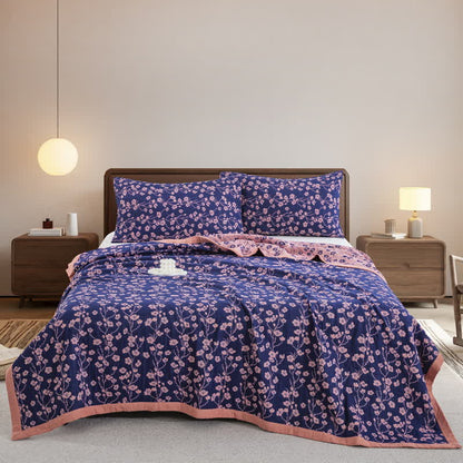 Trapunta reversibile in garza di cotone jacquard con motivo floreale pastorale - Viola - 2 federe - 48cm x 74cm - image 0