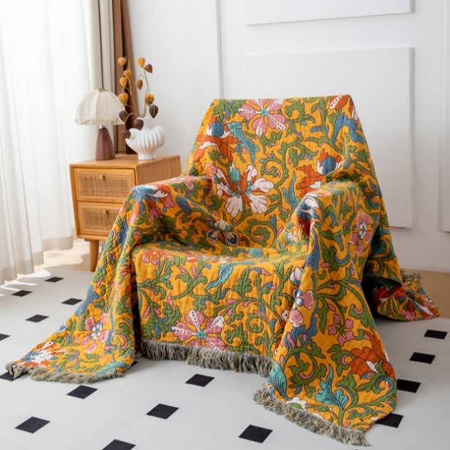 Coperta reversibile con nappe in cotone floreale vintage