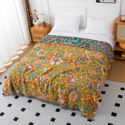 Coperta reversibile con nappe in cotone floreale vintage