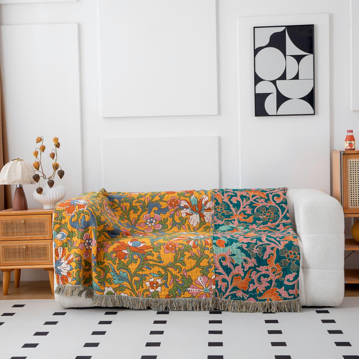 Coperta reversibile con nappe in cotone floreale vintage