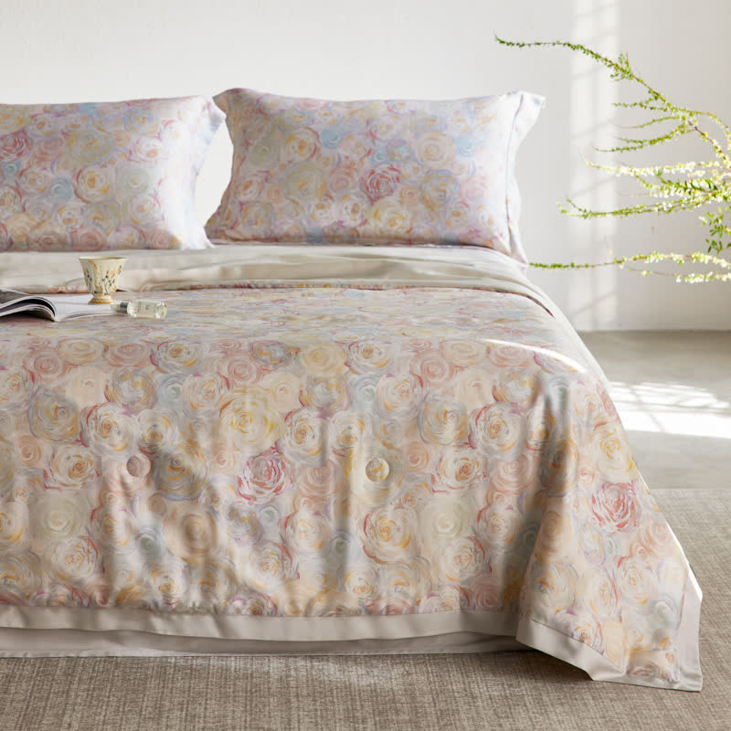 Elegante trapunta estiva in fibra di Lyocell con stampa a rose