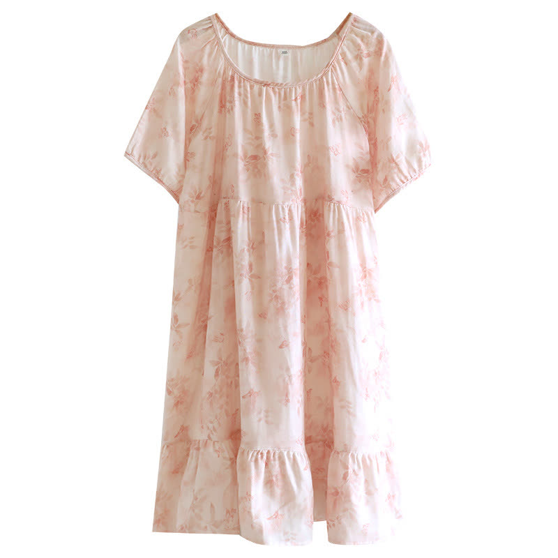 Camicia da notte in garza di cotone a maniche corte con motivo floreale in stile country