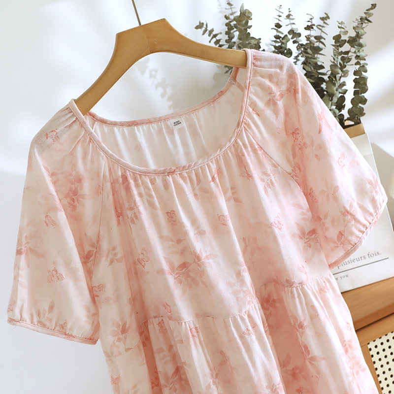 Camicia da notte in garza di cotone a maniche corte con motivo floreale in stile country