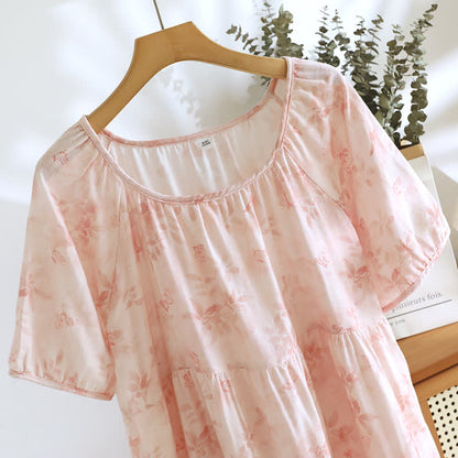 Camicia da notte in garza di cotone a maniche corte con motivo floreale in stile country