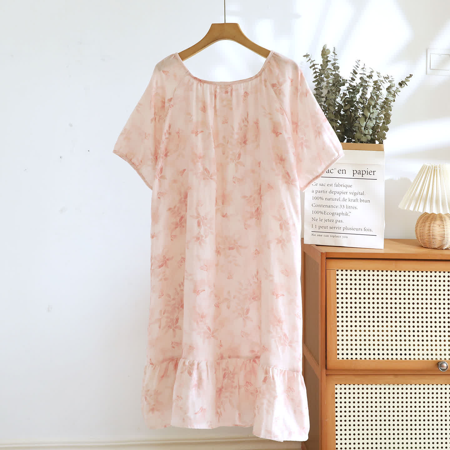 Camicia da notte in garza di cotone a maniche corte con motivo floreale in stile country