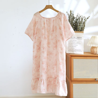 Camicia da notte in garza di cotone a maniche corte con motivo floreale in stile country