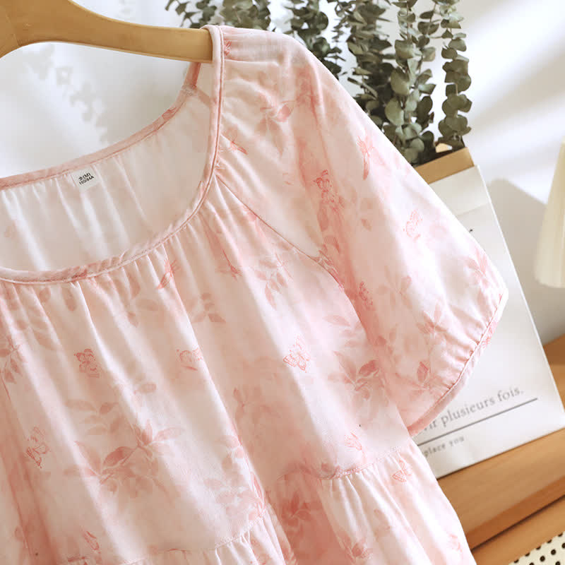 Camicia da notte in garza di cotone a maniche corte con motivo floreale in stile country
