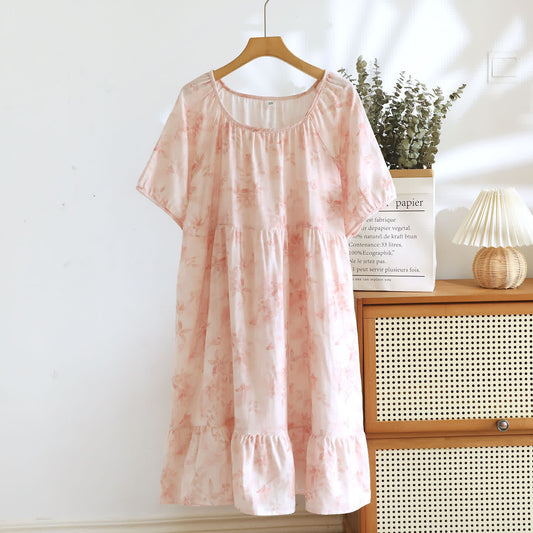 Camicia da notte in garza di cotone a maniche corte con motivo floreale in stile country