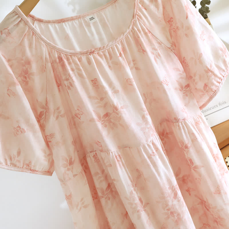 Camicia da notte in garza di cotone a maniche corte con motivo floreale in stile country