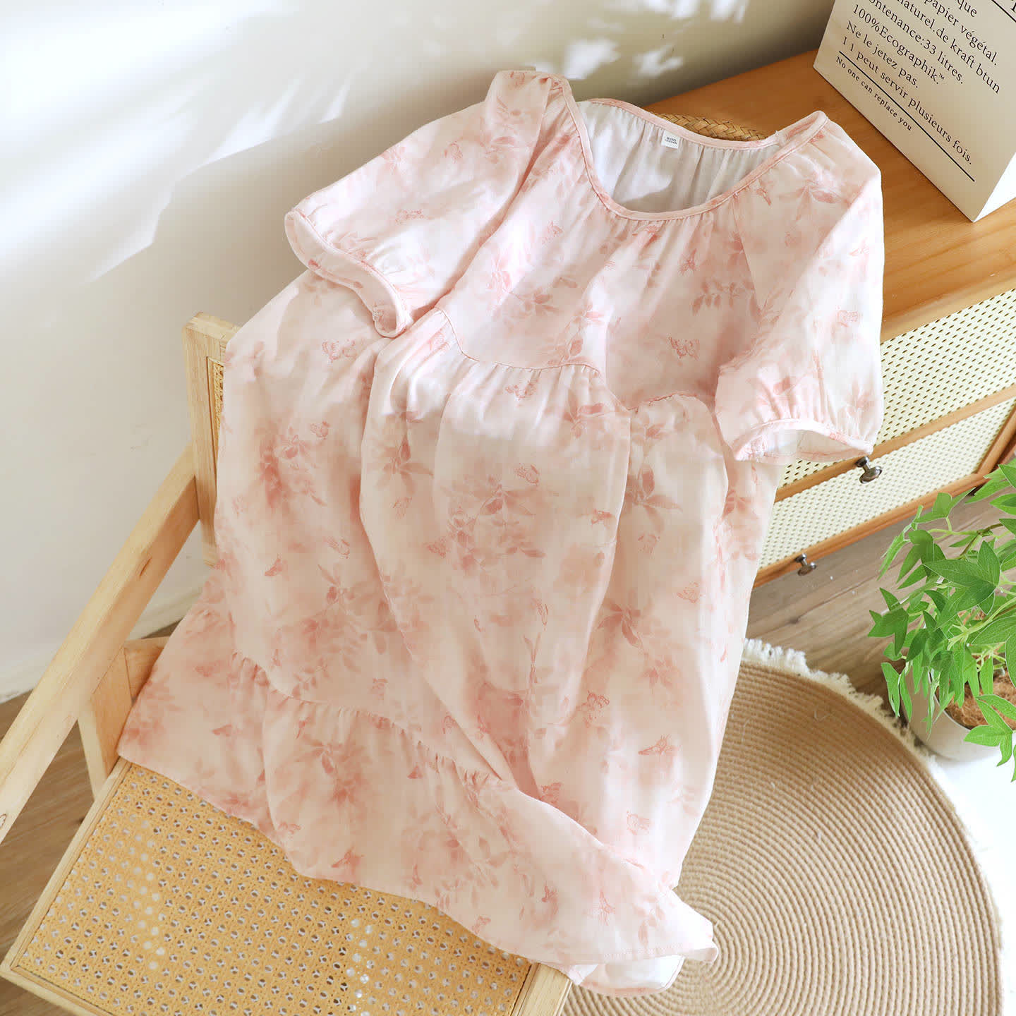 Camicia da notte in garza di cotone a maniche corte con motivo floreale in stile country