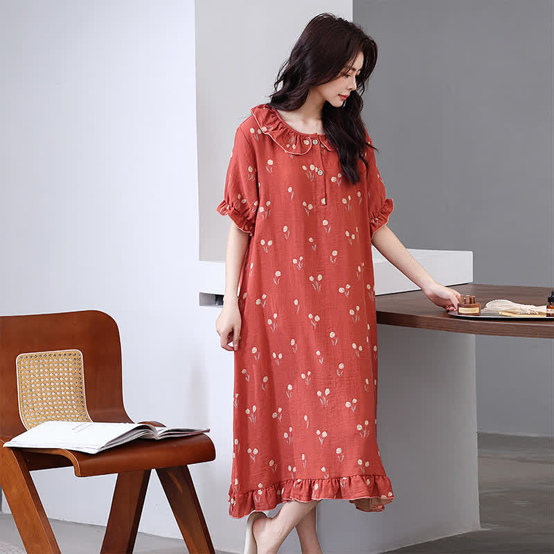 Camicia da notte in garza di cotone jacquard con stampa a tulipano