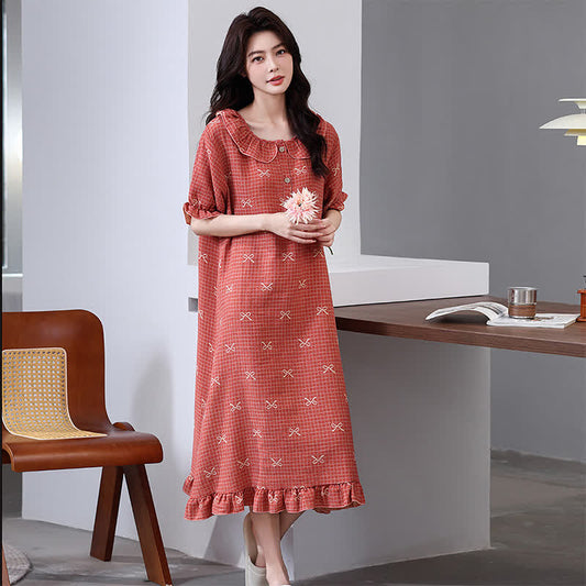 Camicia da notte in garza di cotone jacquard con stampa a fiocco