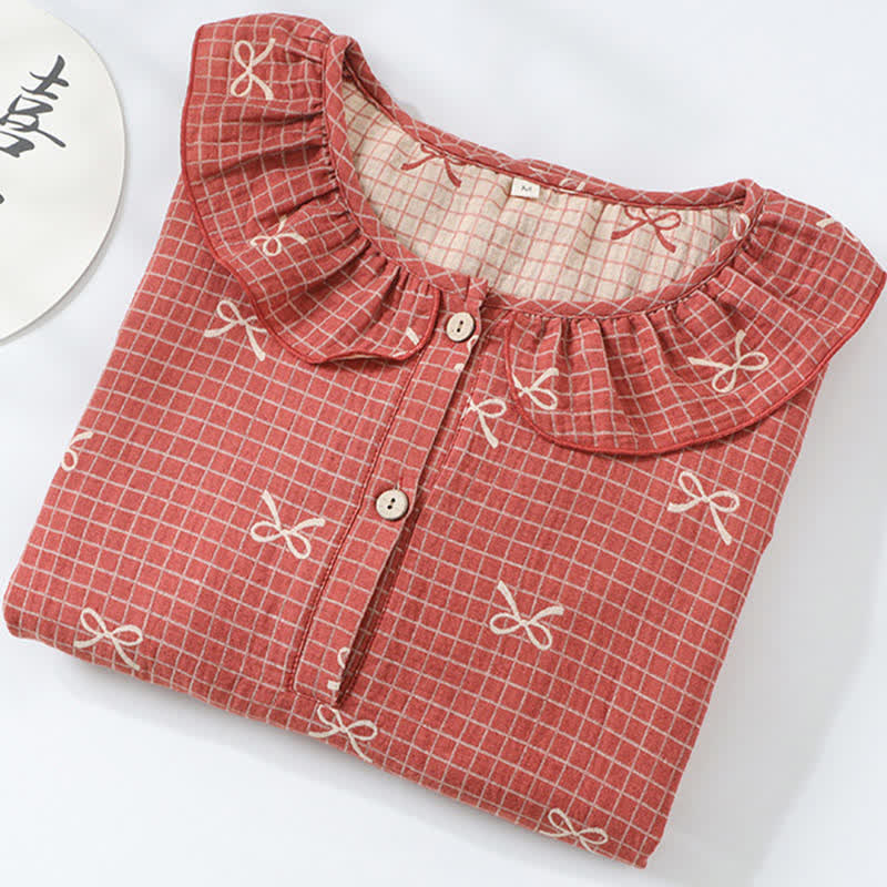 Camicia da notte in garza di cotone jacquard con stampa a fiocco