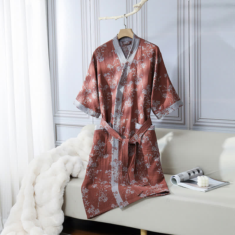 Accappatoio in garza di cotone jacquard con kimono floreale vintage