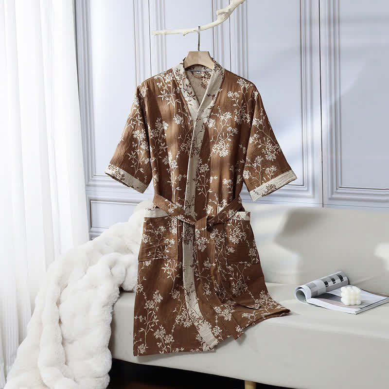 Accappatoio in garza di cotone jacquard con kimono floreale vintage