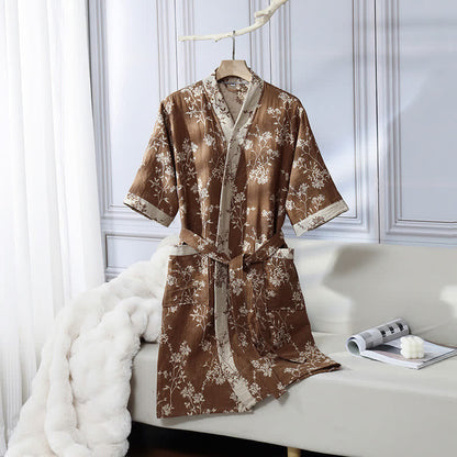 Accappatoio in garza di cotone jacquard con kimono floreale vintage