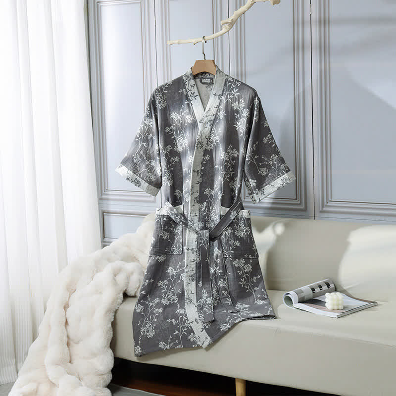 Accappatoio in garza di cotone jacquard con kimono floreale vintage