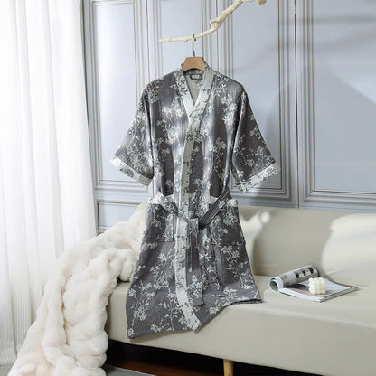 Accappatoio in garza di cotone jacquard con kimono floreale vintage