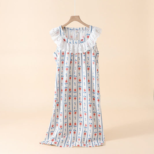 Camicia da notte senza maniche in garza di cotone a righe floreali