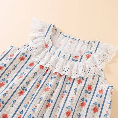 Camicia da notte senza maniche in garza di cotone a righe floreali