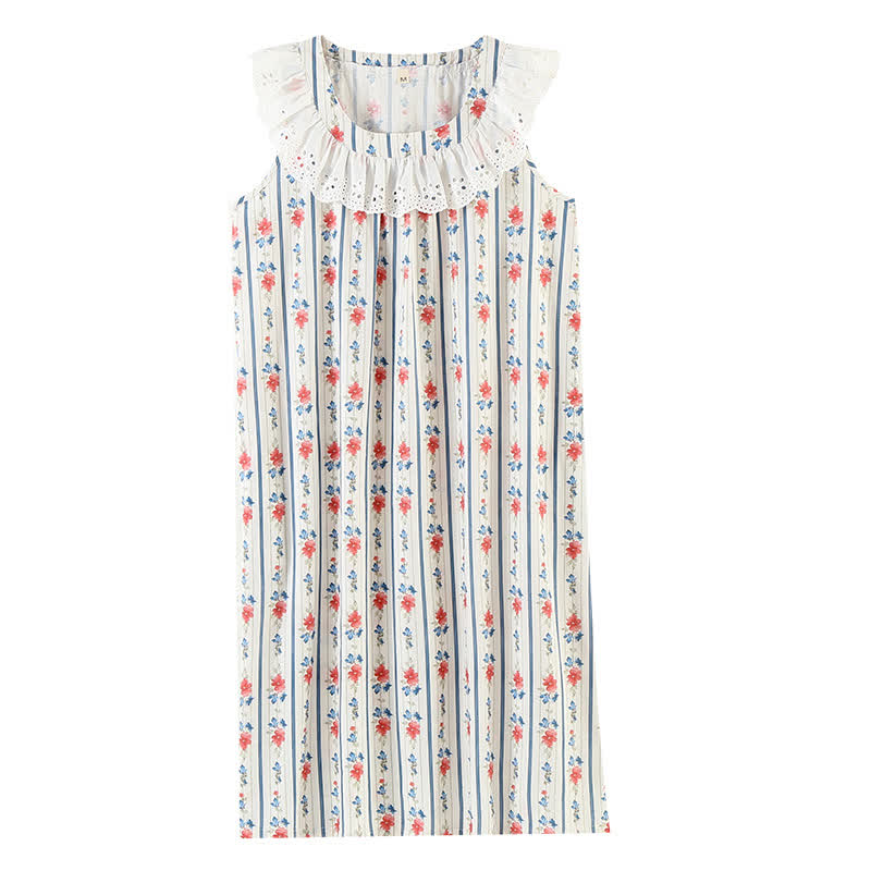 Camicia da notte senza maniche in garza di cotone a righe floreali