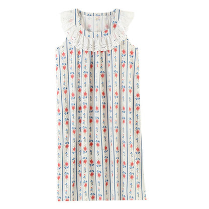 Camicia da notte senza maniche in garza di cotone a righe floreali