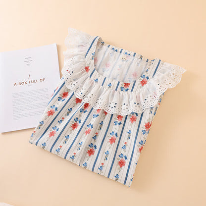Camicia da notte senza maniche in garza di cotone a righe floreali