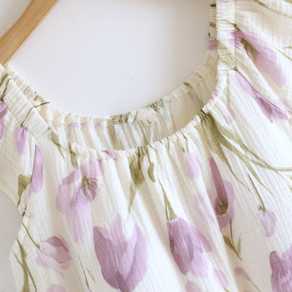 Camicia da notte imbottita in garza di cotone con stampa a tulipano