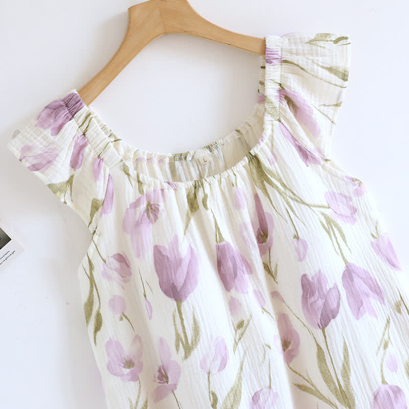 Camicia da notte imbottita in garza di cotone con stampa a tulipano