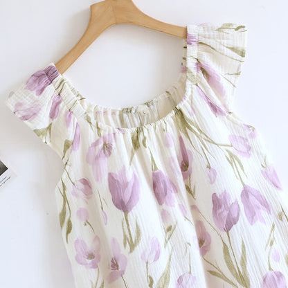 Camicia da notte imbottita in garza di cotone con stampa a tulipano
